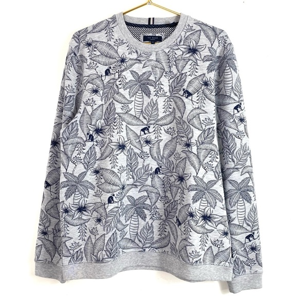Ted Baker London Hawaiian Tropical Flower Monkey Pullover Sweatshirt Gray Sz XL - Picture 2 of 12